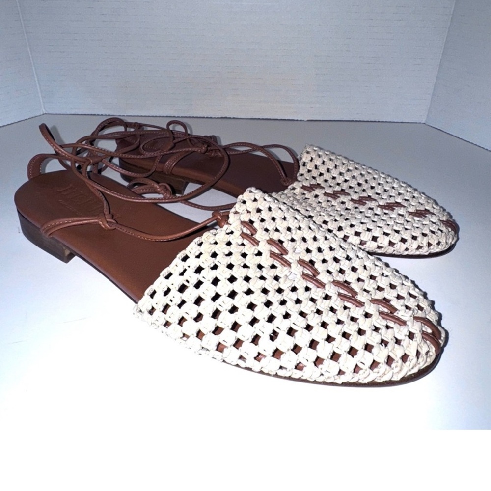 Hereu Forana Raffia beige/Brown Tie Ankle Strap Sandals 41=10.5
